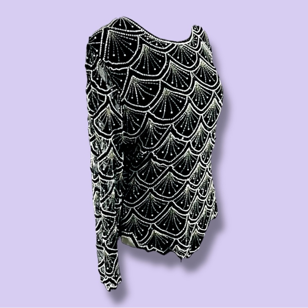 LAURENCE KAZAR VTG black white beaded top scallop designed sheer long sleeve M - Picture 8 of 14